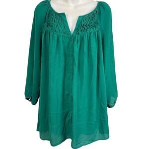 Daniel Rainn Womens Emerald Green Blouse Smocked Button Up Top Shirt sz 1X